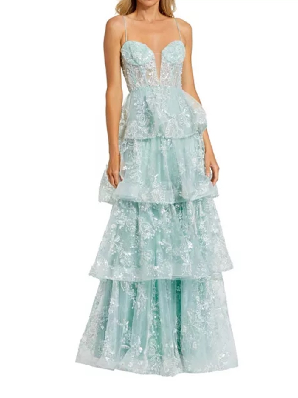NWT - Mac Duggal - Spaghetti Strap Applique Tiered Ruffle Gown - Size 6